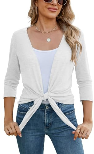Famulily Ladies White Classy Summer Sheer Cardigans Womens Tie Front Comfy Shrugs and Boleros (M, White)
