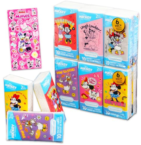 Set di fazzoletti tascabili Minnie Mouse - 12 confezioni da 10 fogli (120 fazzoletti) e adesivi | Disney, soluzione pratica per viaggi, scuola, classe