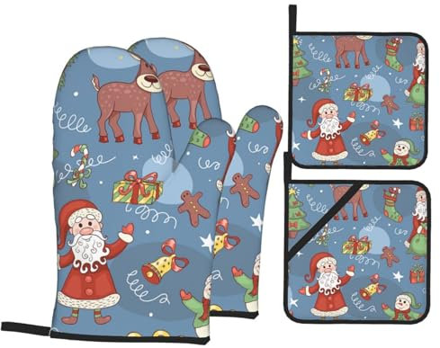 Ofenhandschuhe und Topflappen-Set, niedliches Weihnachtsmann-Rentier, hitzebeständig, Küchen-Backhandschuhe, rutschfeste Oberfläche zum Kochen, Backen, Grillen, Grillen