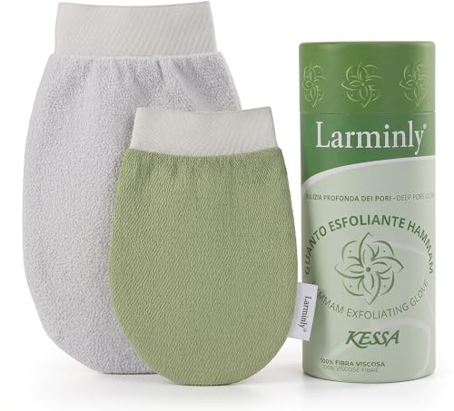 Larminly Kessa Hammam Körperpeelinghandschuh aus 100 % Viskose natürlichen Ursprungs, Set 2 Stück Körperpeeling 250D hohe Rauheit und Gesichtspeeling 120D sanfte Rauheit. Elegante Verpackung.