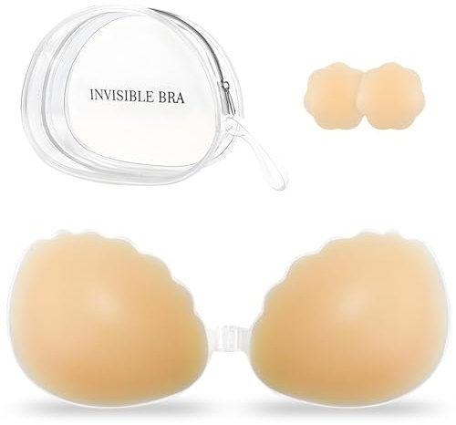 AWXUOCK Invisible Strapless Bras Reusable Stick Skin-Friendly Sticky Push Up Bra Adhesive Bra for Party, Bar, Wedding, Beach, Backless Bra for Women (UK, Cup & Band, B, Nude)