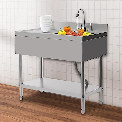 Rostfritt stål fristående diskbänk – 1 handfat – kommersiellt diskbänk med kran för utomhus handfat rostfritt stål diskbänk med hylla och inbyggd bänkskiva, 100 x 60 x 80 cm