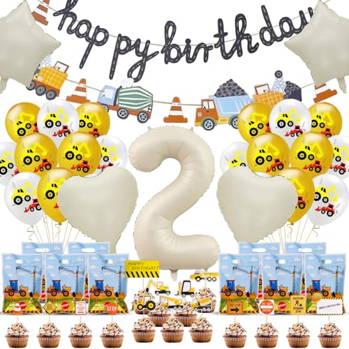 RNHDLY 52 stycken grävmaskin födelsedagsdekoration, 2 år, bulldozer ballonger, byggarbetsplats, byggfordon, tårtdekoration
