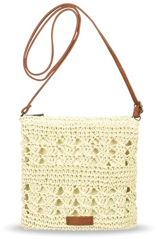 Auliuse Straw Beach Bag for Women Handmade Woven Bag, Braided Crossbody Bag with Zipper and Adjustable Strap, Small Lightweight Weave Shoulder Bag for Vacation Travel (Cream white)