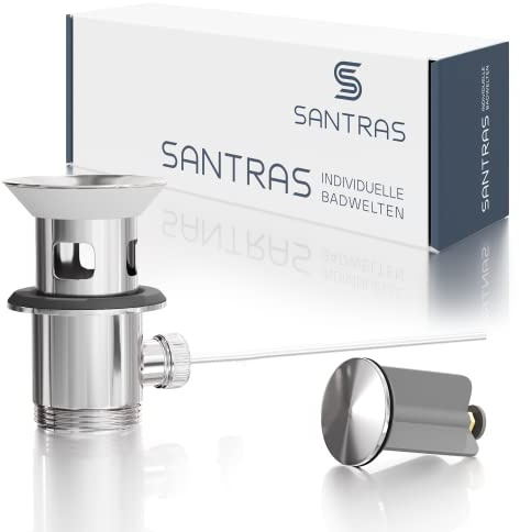 SANTRAS Eccentric Drain Fitting Premium for Washbasin with Protection Against Overflow in Chrome - Complete Overflow Fitting with Drain Plug in 1 ¼ for Tap with Pop-Up Set