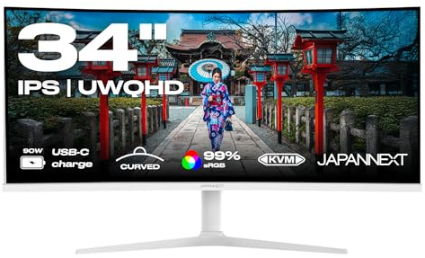 JAPANNEXT 34 tum vit böjd PC-skärm IPS UWQHD (3 440 x 1 440) | HDR och KVM | laddning via USB-C(65W) justerbar höjd inbyggda högtalare | G-Sync/FreeSync | JN-IPS34Q-HC6-W