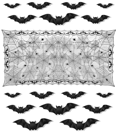 Haliya Halloween Tischdeko, Horror Spinnennetz Tischdecke, 122x244 cm, Halloween Deko, Spitze Schwarz Tischtuch, Weihnachts Deko mit 16 Stück 3D Fledermaus Wandaufkleber