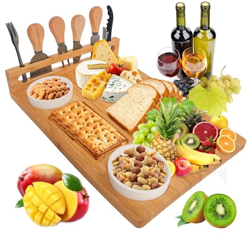 100% Natural Bamboo Cheese Board Set – Large Charcuterie Board Serving Tray with 4 Cheese Knives, Ceramic Bowls, Wine Opener & Forks Set, Perfect for Housewarming, Wedding, Birthday