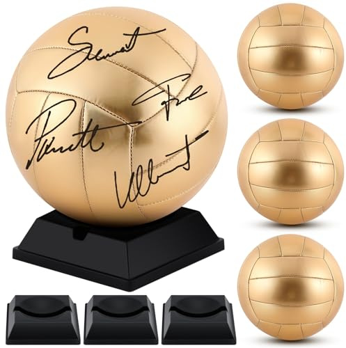 Hiboom 6 Pcs Gold Autograph Volleyball with Display Stand Air Pump Size 5 Volleyball for Trophies High School College Anniversary Coaching Gift Awards Championship Party