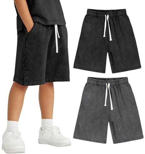 Yimoon Boys Shorts Cotton Athletic Shorts Acid Wash Kids Summer Active Shorts with Pockets(BlackDarkgrey-7Y)