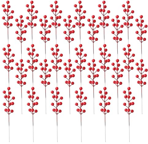 VEGCOO 30 Piezas Bayas Rojas Navidad, 19cm Bayas Rojas Artificiales de Acebo para Decoración Navidad árbol, Corona, Guirnaldas Fiesta Boda, Invierno Decoración del Hogar