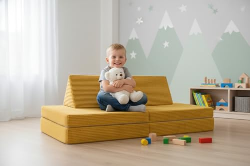 CozyKing Kindersofa in Cord Gold (gelb) – Weiches Spielsofa für Kinder mit abnehmbarem & waschbarem Bezug – Vollschaumkern, Oeko-Tex 100 Zertifiziert – Made in EU, ideal fürs Kinderzimmer