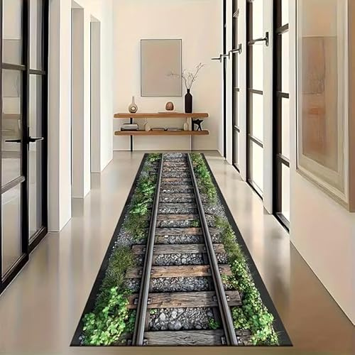 Railway Runner Rug, 60x180cm Train Track Grass Cobblestone Train Runway Fun Runner Rugs, Non-Slip Durable Absorbent Easy Clean Long Hallway Carpet for Living Room Bedroom Dining Room Bathroom