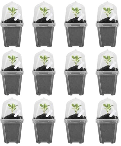 Planteringskrukor, 12 stycken genomskinlig planteringskruka med fuktande kupol | Genomskinliga krukor med dränering | för växthus, inomhus och utomhus, för sticklingar, grönsaker, blommor, och