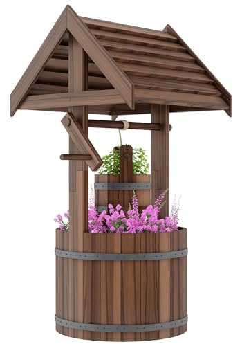 Jardinière Outsunny en bois en forme de puits à souhaits avec seau suspendu réglable, puits à souhaits rustique pour l'extérieur, jardinière décorative avec trou de drainage pour jardin ou terrasse,