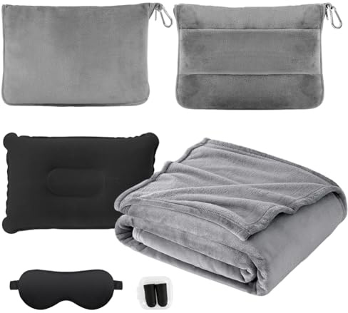 Reisedecke Kissen Decke 3 in 1, Reisedecke Ultraleicht Warm Decke Auto 152 x 127 cm, Verwandlungskissen Flugzeug Kissen mit Hülle, Gepäckhülle, Augenmaske, Ohrstöpseln (Set-Grau)