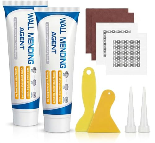 Wall Repair Kit with Ready Mixed Wall Filler & Self-Adhesive Drywall Patch – Quick DIY Fix for Wall Holes, Cracks, Peeling Paint & Graffiti Marks, Includes Scraper & Sandpaper