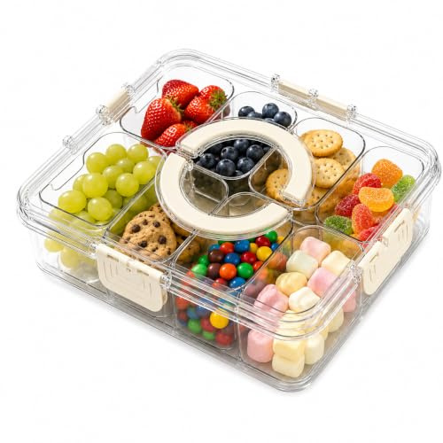 Zenvilo Snackle Box Container with Lid & Handle, 8 Compartment Divided Serving Tray Snack Box, Portable Food Storage Container for Travel,Picnic & Party, Clear Snack Organiser for Fruit, Sweets, Nuts