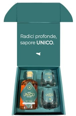 UNICO Amaro con AVOCADO e AGRUMI Coltivati in Sicilia 50 cl Premiato tra i migliori amari italiani al mondo!! BOX Con 2 Bicchieri Idea Regalo