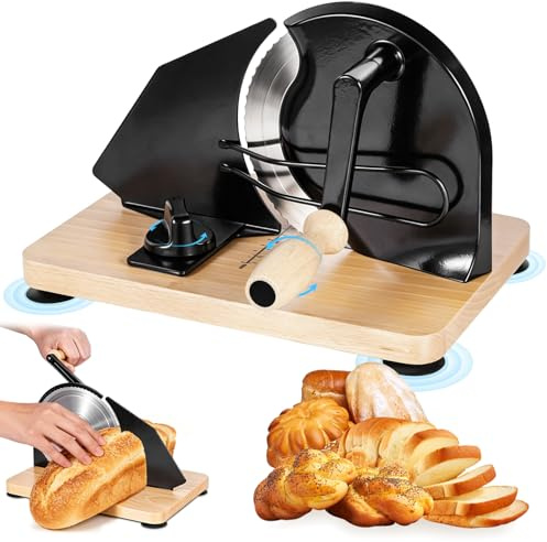 Brotschneidemaschine Manuell, Manuelle Brotschneidemaschine mit Einstellbarer Scheibendicke, Edelstahlklinge, Rutschfeste Saugnäpfe, Gleichmäßige Brotscheiben für Selbstgemachtes Brot & Sauerteigbrot