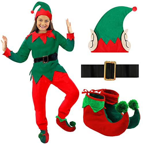 Girls Elf Costume – Large – Green and Red Top with Matching Trousers, Elf Hat and Boot Covers – Kids Christmas Santa’s Little Helper Fancy Dress Outfit for Santa’s Grotto Parties