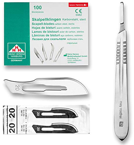 May Skalpell-Set Halter Nr. 4 100 Klingen Figur 20 | Das ultimative Vorratspaket für Profis. Beinhaltet einen rostfreien Griff der Größe 4 und einhundert kräftige Ersatzklingen.