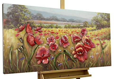 KunstLoft Metallbild 3D | 100% HANDGEFERTIGT | 120x60x5,5cm | Wandbild Metall Deko 'Blühende Wiesen' | Blumen Wiese | Rot Grün | Metall Wanddeko Wohnzimmer