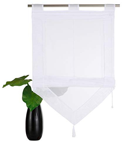 SIMPVALE 1 Stück Raffrollo Vorhang mit Quastendekoration, Höhenverstellbar Transparenter Voile Vorhänge, Modern Gardinen für Schlafzimmer Badezimmer Küche, Weiß, 60x140cm