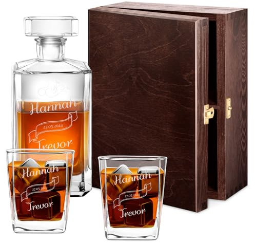 Maverton Whiskey Karaffe + 2/4 / 6er Whiskygläser Set mit Gravur - 700ml Whisky Dekanter - Weihnachtsgeschenke - Geschenk zur Hochzeit für Paar - Namen