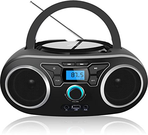 WISCENT Lettore CD Boombox Portatile - Stereo con Radio FM, Ingresso Bluetooth, USB, AUX, Uscita Auricolari, Audio Domestico Compatto, AC o Alimentato a Batteria