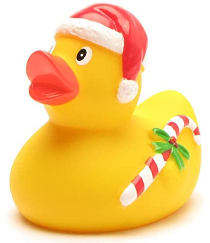 Duckshop Badeente Weihnachtsmann mit Zuckerstange I Quietscheente I L: 9 cm I Geschenk Weihnachten I Geschenk Nikolaus I Adventskalender
