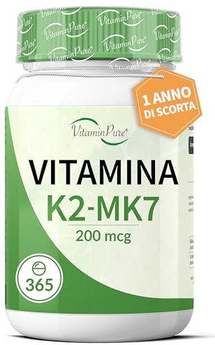 Vitamina K2 MK7 200µg ad Alto Dosaggio, 365 Micro-Compresse di Origine Naturale (Natto) - Integratore alimentare Vit K2 MK-7 All Trans Menachinone - VitaminPure