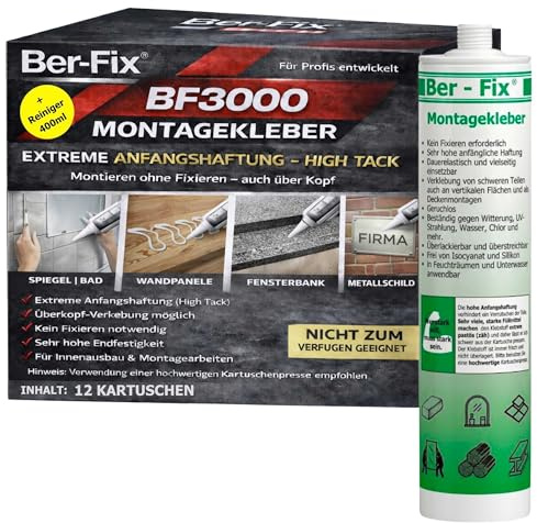 Ber-Fix Colle de montage extra forte pour l'extérieur - BF3000 - Métal, pierre, miroir en plastique - 12 cartouches - Tenue immédiate - Résistant aux intempéries - Non toxique - Convient également
