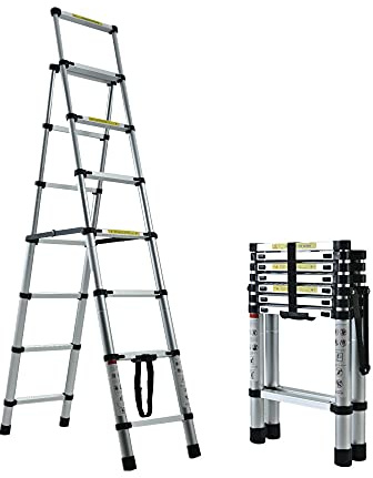 6+7 Step Ladder,6.6ft + 7.5ft Ladders Extendable Telescopic Loft Ladder Multi-Purpose Ladder,Portable and Foldable,Easy to Store,Max Loading 330Lbs