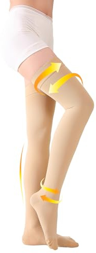 TOFLY® Medias de compresión hasta el muslo para mujeres y hombres, puntera cerrada, opacas, soporte firme de compresión graduada de 20-30 mmHg con banda de silicona, venas varicosas, beige, 3XL