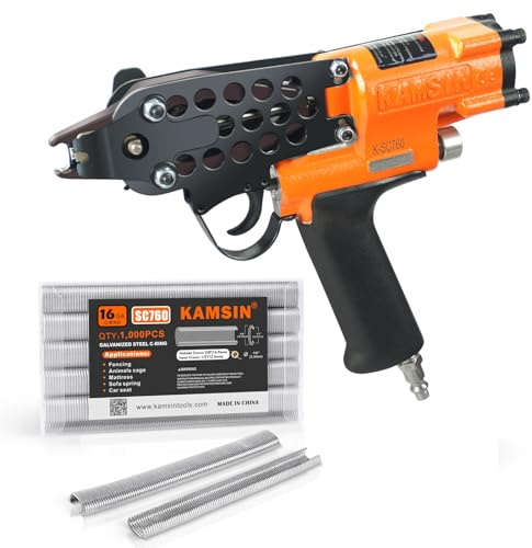 Kamsin K-SC760 Grapadora neumática de anillo en C de calibre 16, corona de 1/2 pulgada, grapadora neumática de anillo de cerdo para cercas, colchón, jaulas, asiento de automóvil