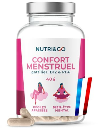 NUTRI&CO Confort Menstruel PEA | Règles Douloureuses & SPM | 40 Gélules | Gattilier Syndrome Prémenstruel | Règles Apaisées & Bien Être Mental | Vitamine B12 & Magnésium | Vegan | Fabriqué en France