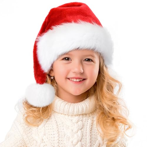 Ambandier Santa Christmas Hat for Kids Boys Girls, Unisex Children Soft Plush Classic Fur Xmas Holiday, Thicken Comfortable Velvet Santa Claus for Christmas New Year Festive Theme Party
