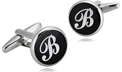 Whoiy Manschettenknöpfe Herren Initialen B, Vater Der Braut Edelstahl Schwarz Weiss für Männer Kostenlose Gravur mit Schmuck Box