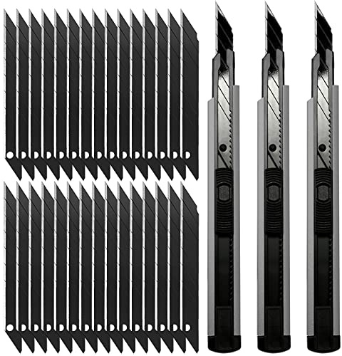 FOSHIO 3 Stück Professional 9mm Messer Cuttermesser mit 30 pcs 30°Abbrechklingen, Cuttermesser Profi, Cutter klingen für Folien, Papier, Basteln (grau)