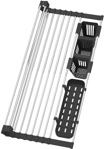 DAAILOKTAU erweiterbares Abtropfgestell zum Aufrollen, bis zu 58 cm mit 2 Aufbewahrungskörben, über der Spüle, Küche, aufrollbares Abtropfgestell in der Spüle, faltbar, für Küchengeschirr, Tassen