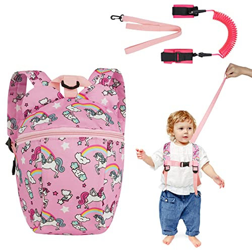 Aomig Kinder Sicherheitsleine, 4 in 1 Kinderleine Rucksack, Kinder Laufgeschirr, Kindersicherheitsgurt mit Anti-Verlust Handgelenk Armband (Rosa Rucksack)