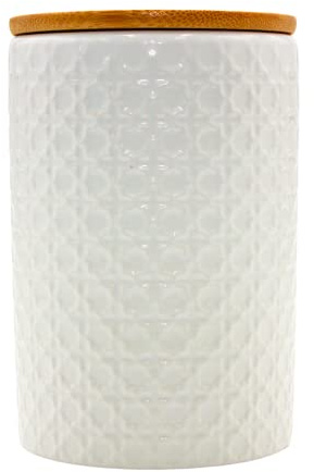 Dekohelden24 Stilvolle Aufbewahrungsdose/Vorratsdose/Keksdose/Aromadose im Retro Dekor, aus Porzellan mit Bambus Deckel in weiß mit Blumen, Größe: H/Ø 15 x 10 cm, 800ml