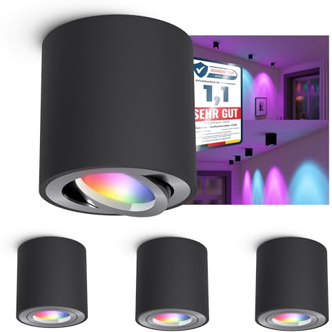 linovum CORI Aufbauspot 4er Set schwarz gebürstet Smart GU10 LED WLAN RGBW | Vier smarte Deckenspots schwarz gebürstet - per App steuerbar, RGB-Farblicht, fürs Wohnzimmer, ohne Hub, inkl. GU10 LED