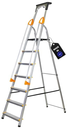 PROREGAL Stufenstehleiter Atlas mit Werkzeugablage & Handlauf | einseitig begehbar | 7 Stufen | Arbeitshöhe 3,40m | Traglast 150kg | Alu Leiter Vielzweckleiter Klappleiter Arbeitsleiter