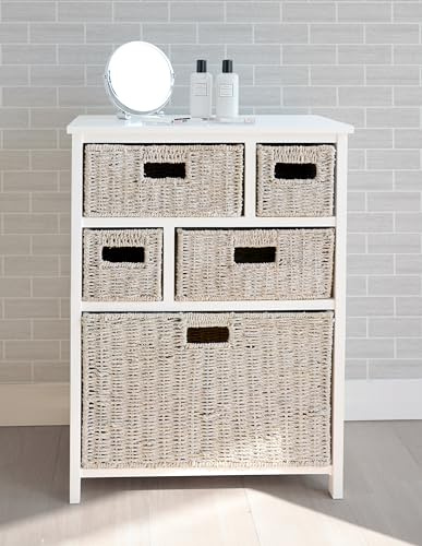 Tetbury Storage Chest with 5 White-Washed Seagrass Baskets | White Chest of Drawers with Wicker Baskets in 3 Sizes | Fully Assembled Hallway, Bathroom, Bedroom Furniture (WHITE-WW)