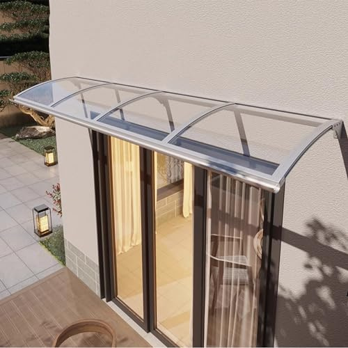 Pavillion Türvordach Regenschutz Beständiger,Vordach Überdachung Haustürvordach mit Regenrinne,Gebogene Fenster Markisen Aluminium Bügel und Transparente Platte Polycarbonat (80×360cm,Silver)
