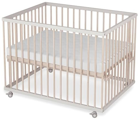 Sämann Laufstall Baby mit Lattenrost und Matratze SleepPlus | stufenlos höhenverstellbar | Laufgitter Premium | Babybett aus Holz | Krabbelgitter (weiß/natur, 75x100 cm)
