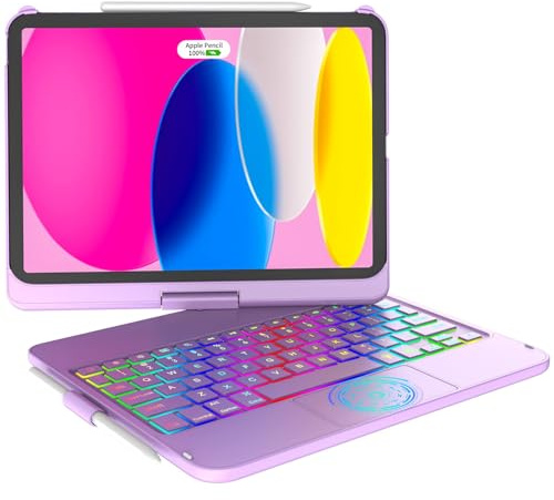 KARFUN Clavier pour iPad 10/11 Ème Generation (10,9 2022/11 A16 2025), Housse de Protection Rotative à 360° avec Porte-Stylet, étui avec Clavier Trackpad Rétro-éclairé (Violet Clair)