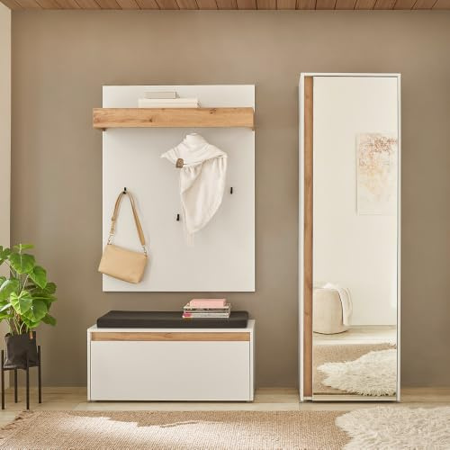 Lomadox Flur Garderoben Set in weiß mit Eiche, 3-teilig, Garderobenpaneel, Schuhbank, Garderobenschrank, modern
